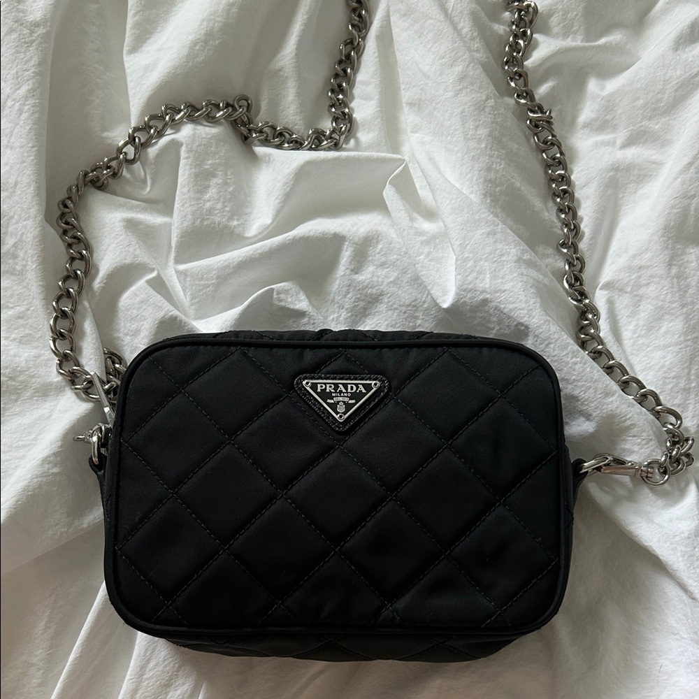 Prada Black Quilted Crossbody Bag with Silver Chain